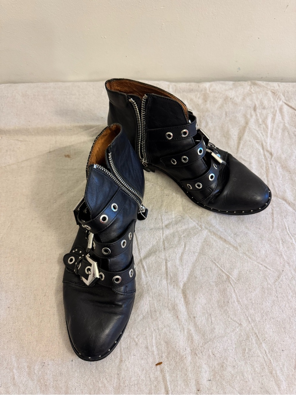 Black Leather Buckle & Stud Ankle Boots - Picture 2 of 5